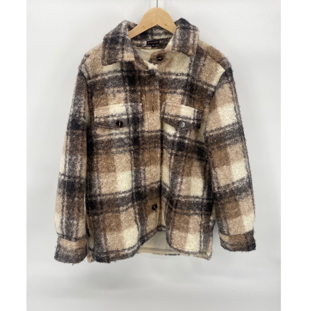 Olive Avenue Shacket Womens Medium Brown Plaid Excellent Boucle Button Up Jacket